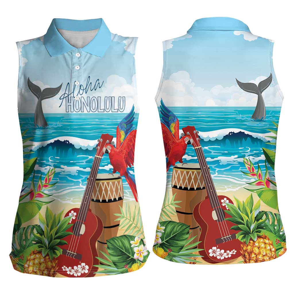 Aloha Honolulu Festival Women Sleeveless Polo Shirt Ukulele By The Shore