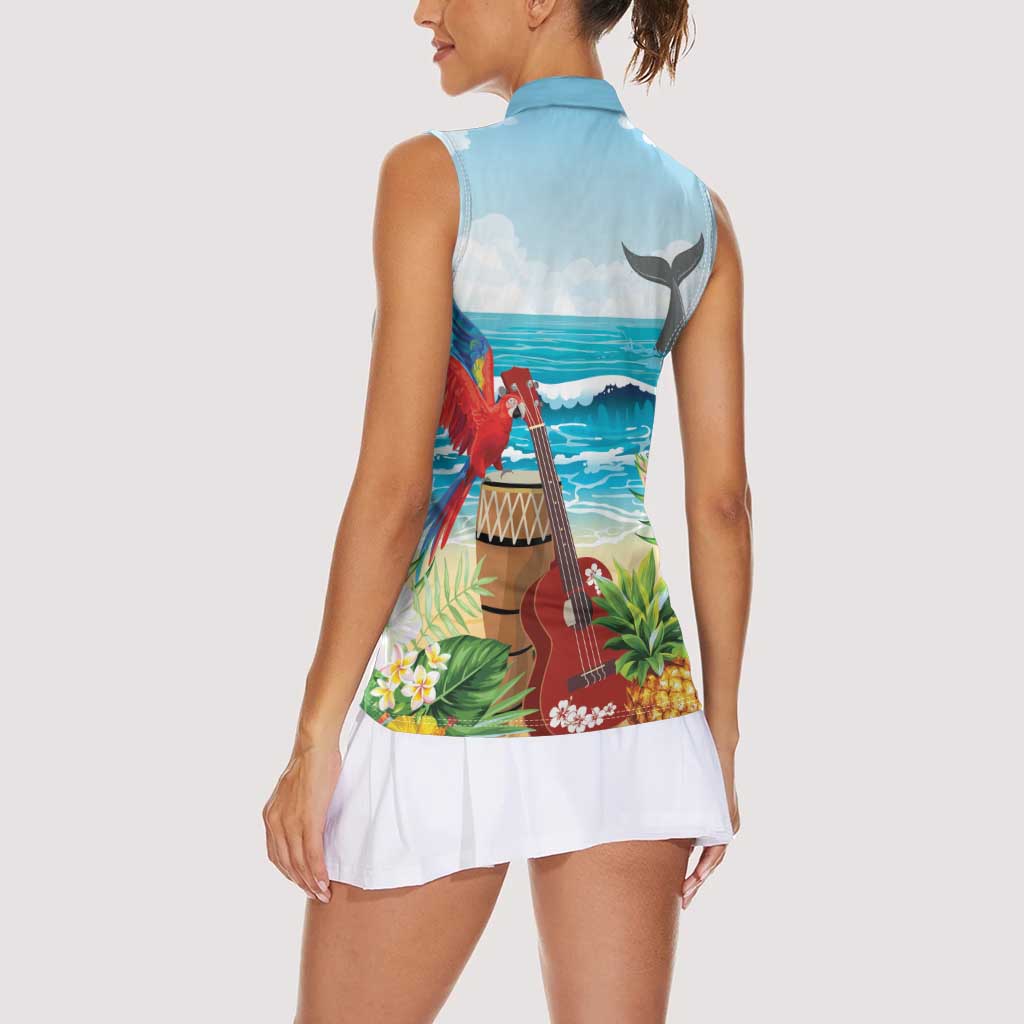 Aloha Honolulu Festival Women Sleeveless Polo Shirt Ukulele By The Shore