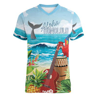 Aloha Honolulu Festival Women V-Neck T-Shirt Ukulele By The Shore