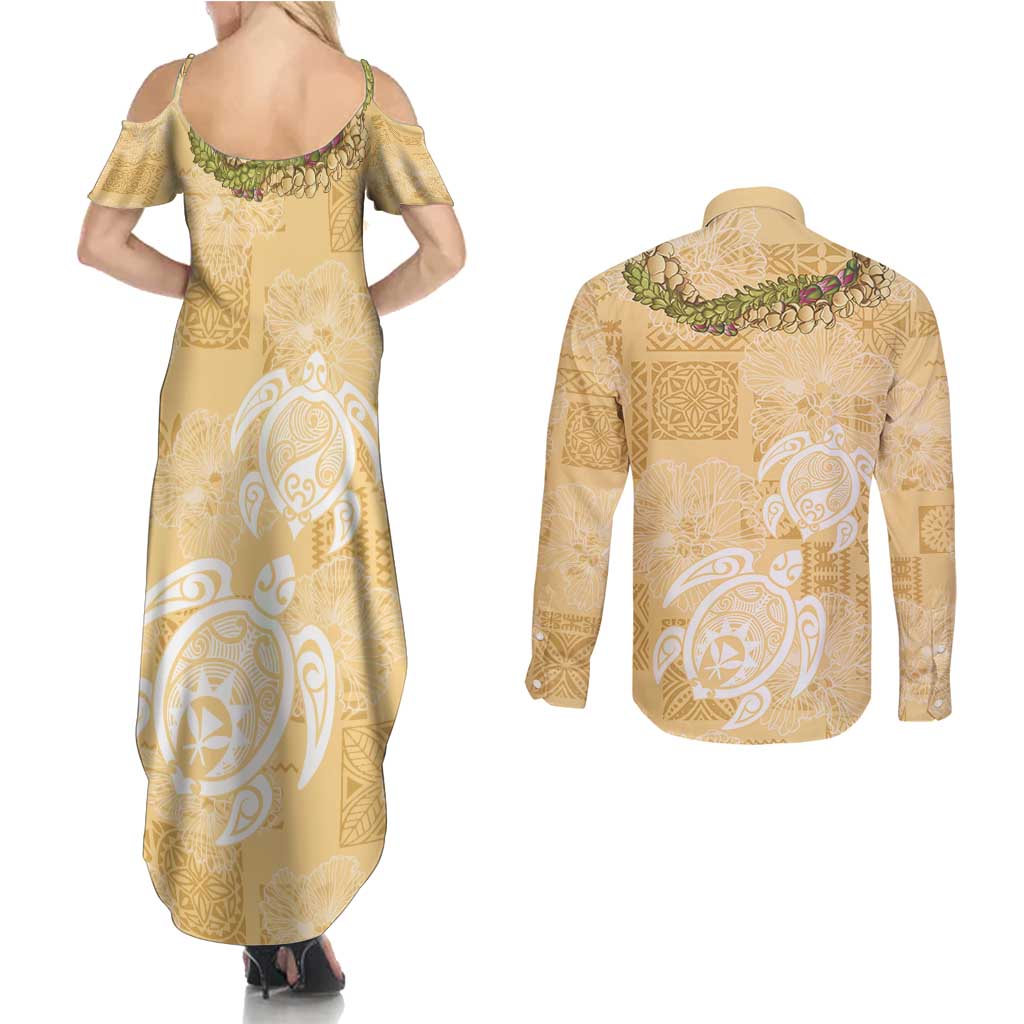 Aloha Honolulu Festival Couples Matching Summer Maxi Dress and Long Sleeve Button Shirt Hawaii Kapa Mix Flowers Lei