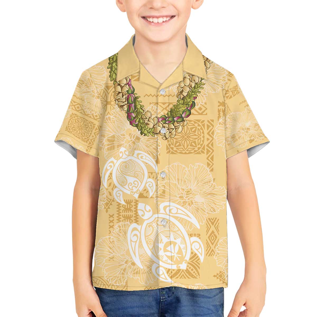 Aloha Honolulu Festival Family Matching Off The Shoulder Long Sleeve Dress and Hawaiian Shirt Hawaii Kapa Mix Flowers Lei
