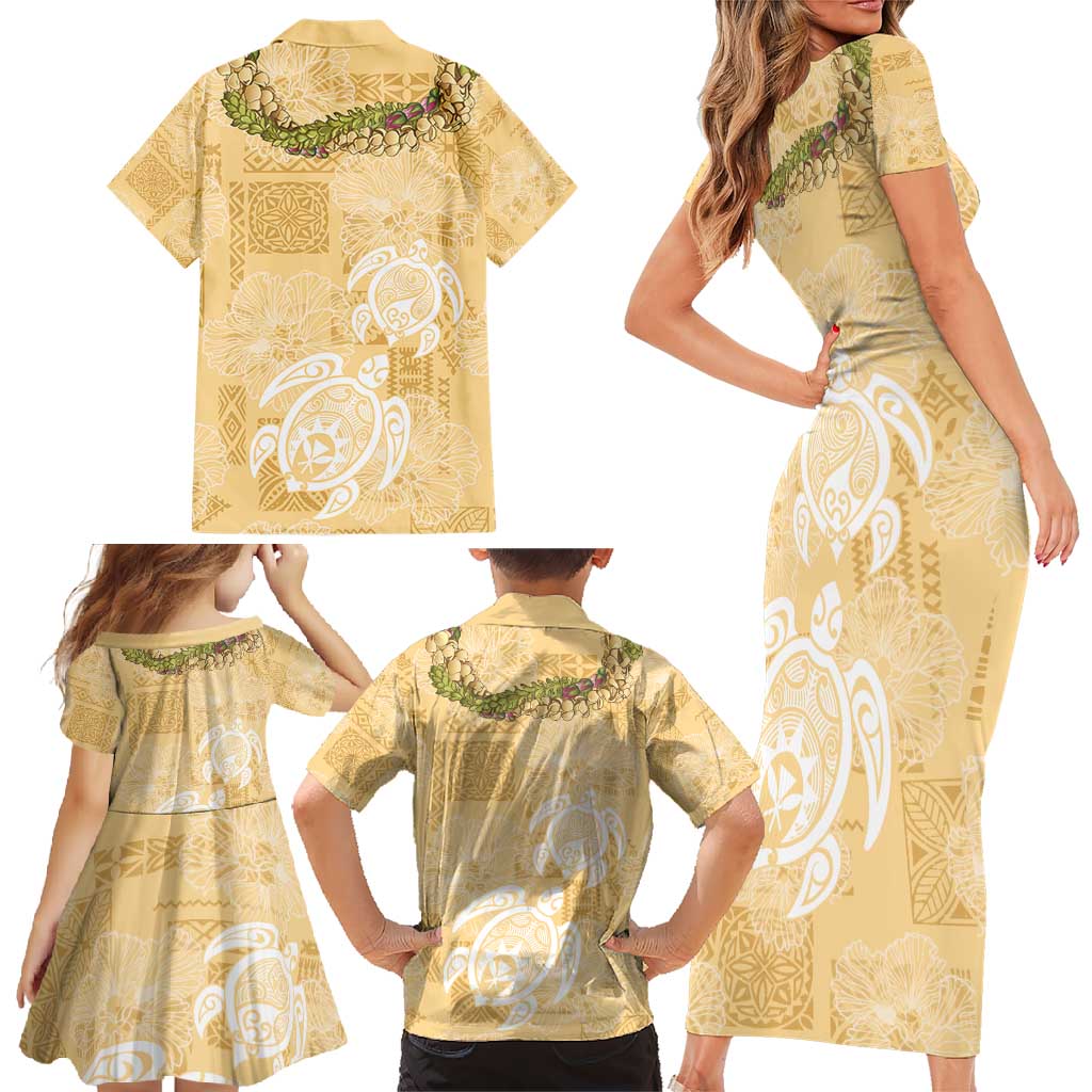 Aloha Honolulu Festival Family Matching Short Sleeve Bodycon Dress and Hawaiian Shirt Hawaii Kapa Mix Flowers Lei