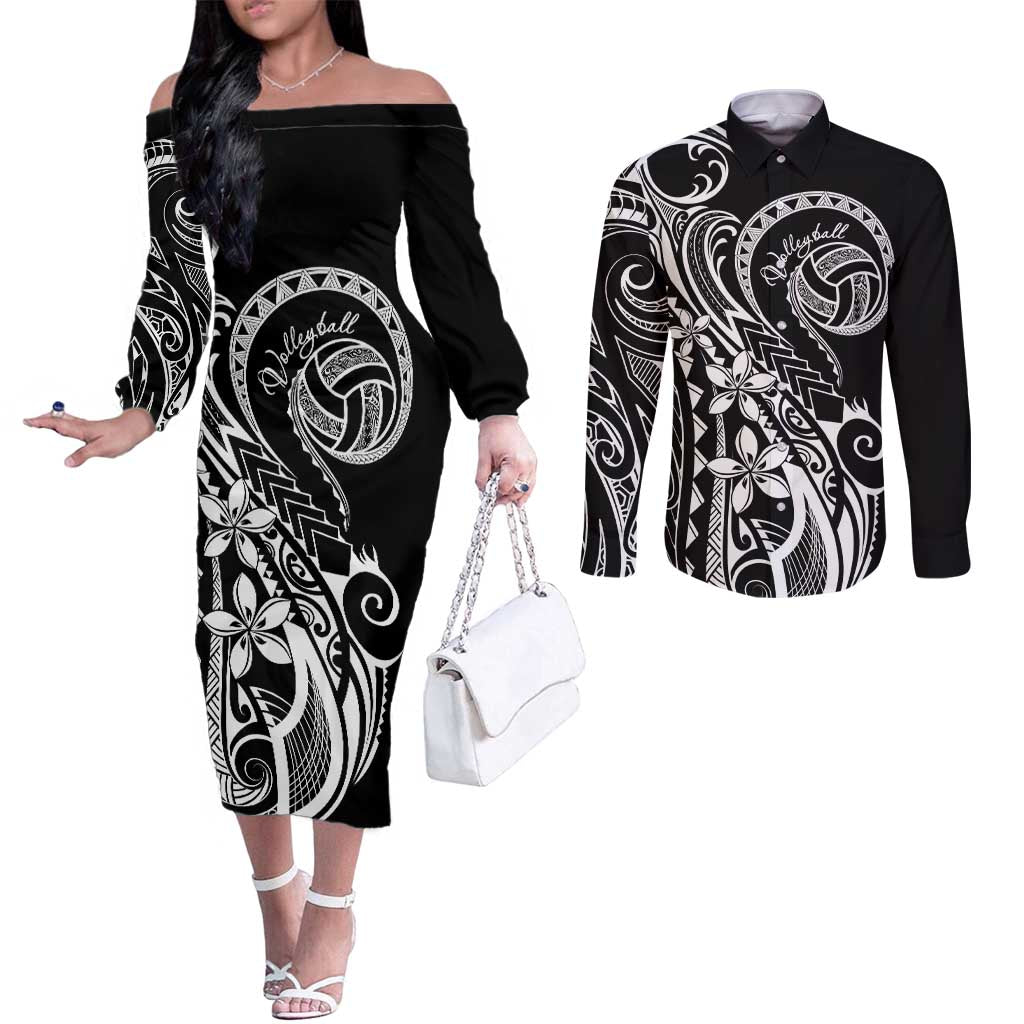 Polynesia Beach Volleyball Personalized Couples Matching Off The Shoulder Long Sleeve Dress and Long Sleeve Button Shirt Basic LT7 Black - Polynesian Pride