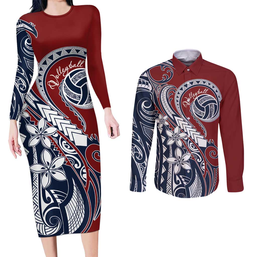 Polynesia Beach Volleyball Personalized Couples Matching Long Sleeve Bodycon Dress and Long Sleeve Button Shirt Special LT7 Red Blue - Polynesian Pride