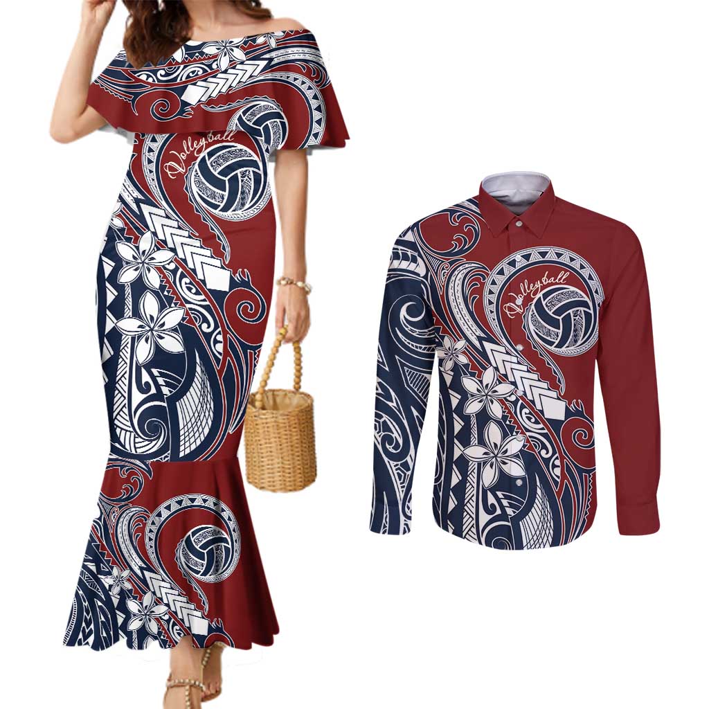 Polynesia Beach Volleyball Personalized Couples Matching Mermaid Dress and Long Sleeve Button Shirt Special LT7 Red Blue - Polynesian Pride