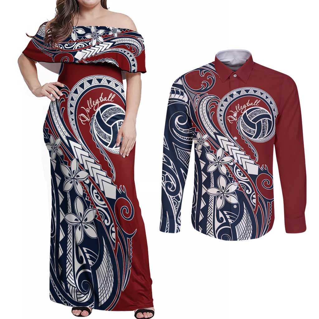 Polynesia Beach Volleyball Personalized Couples Matching Off Shoulder Maxi Dress and Long Sleeve Button Shirt Special LT7 Red Blue - Polynesian Pride