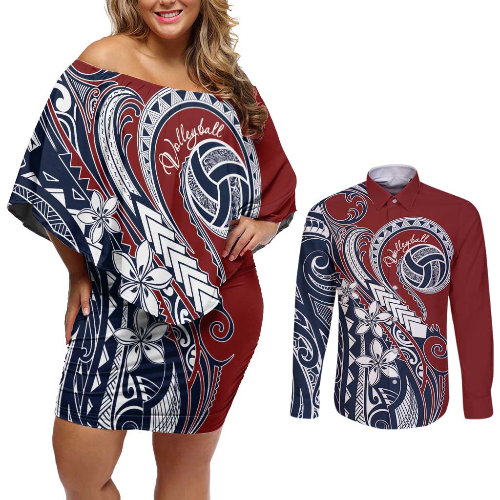 Polynesia Beach Volleyball Personalized Couples Matching Off Shoulder Short Dress and Long Sleeve Button Shirt Special LT7 Red Blue - Polynesian Pride