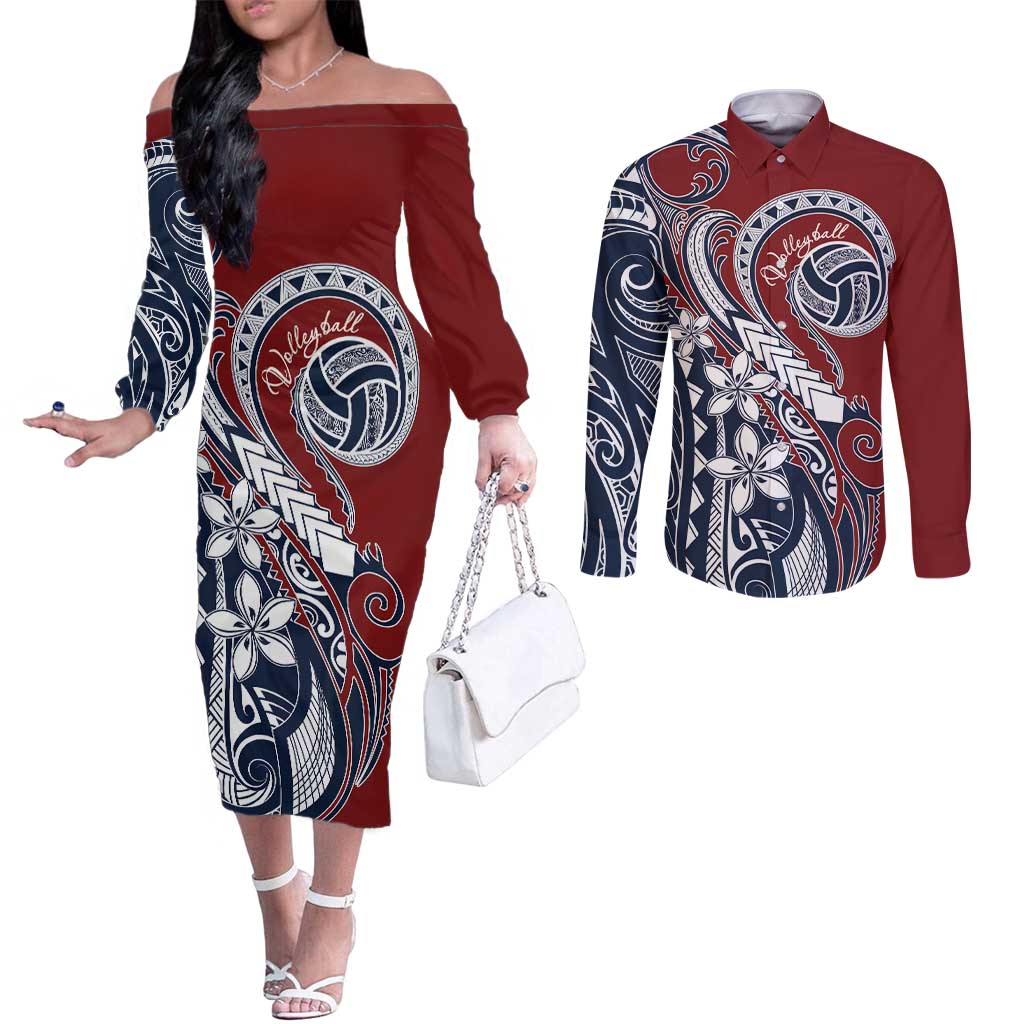 Polynesia Beach Volleyball Personalized Couples Matching Off The Shoulder Long Sleeve Dress and Long Sleeve Button Shirt Special LT7 Red Blue - Polynesian Pride