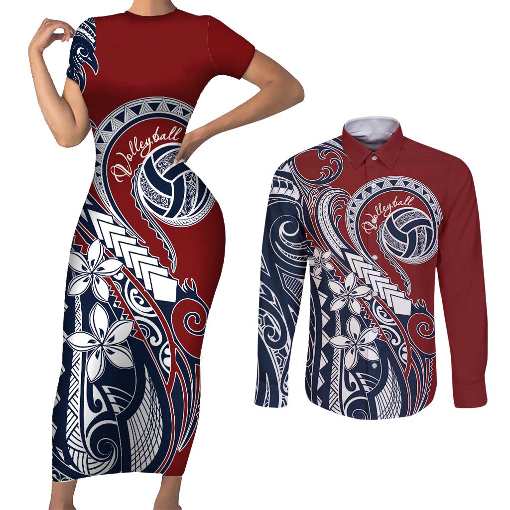 Polynesia Beach Volleyball Personalized Couples Matching Short Sleeve Bodycon Dress and Long Sleeve Button Shirt Special LT7 Red Blue - Polynesian Pride
