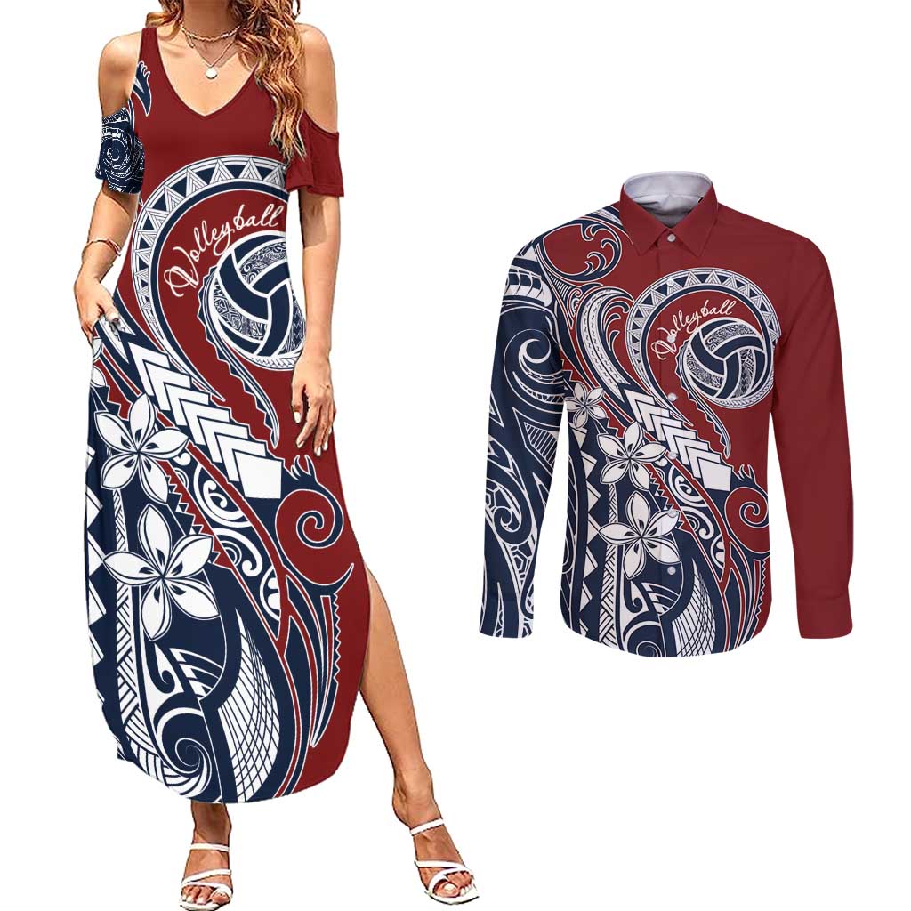 Polynesia Beach Volleyball Personalized Couples Matching Summer Maxi Dress and Long Sleeve Button Shirt Special LT7 Red Blue - Polynesian Pride