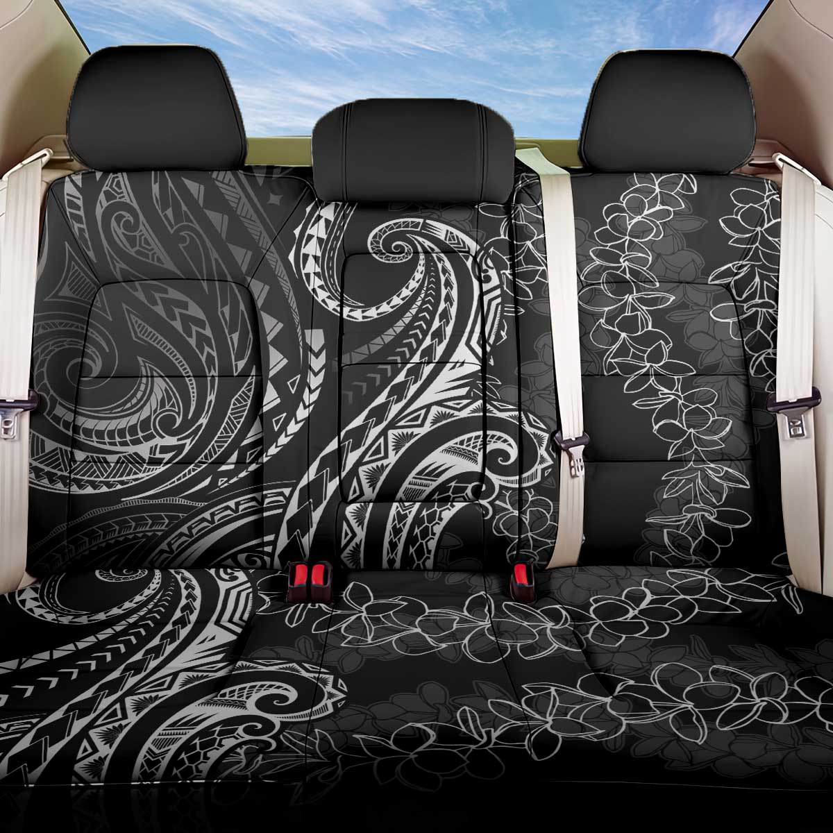 Polynesia Plumeria Lei Back Car Seat Cover Black Curves Motif