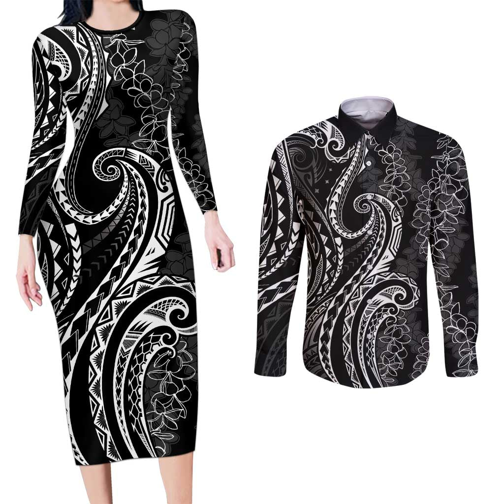 Polynesia Plumeria Lei Couples Matching Long Sleeve Bodycon Dress and Long Sleeve Button Shirt Black Curves Motif