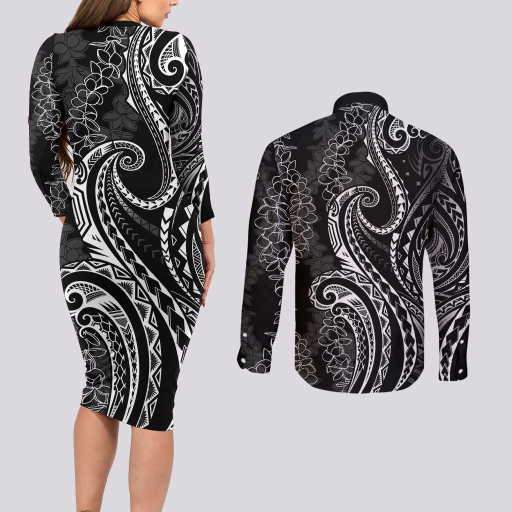 Polynesia Plumeria Lei Couples Matching Long Sleeve Bodycon Dress and Long Sleeve Button Shirt Black Curves Motif