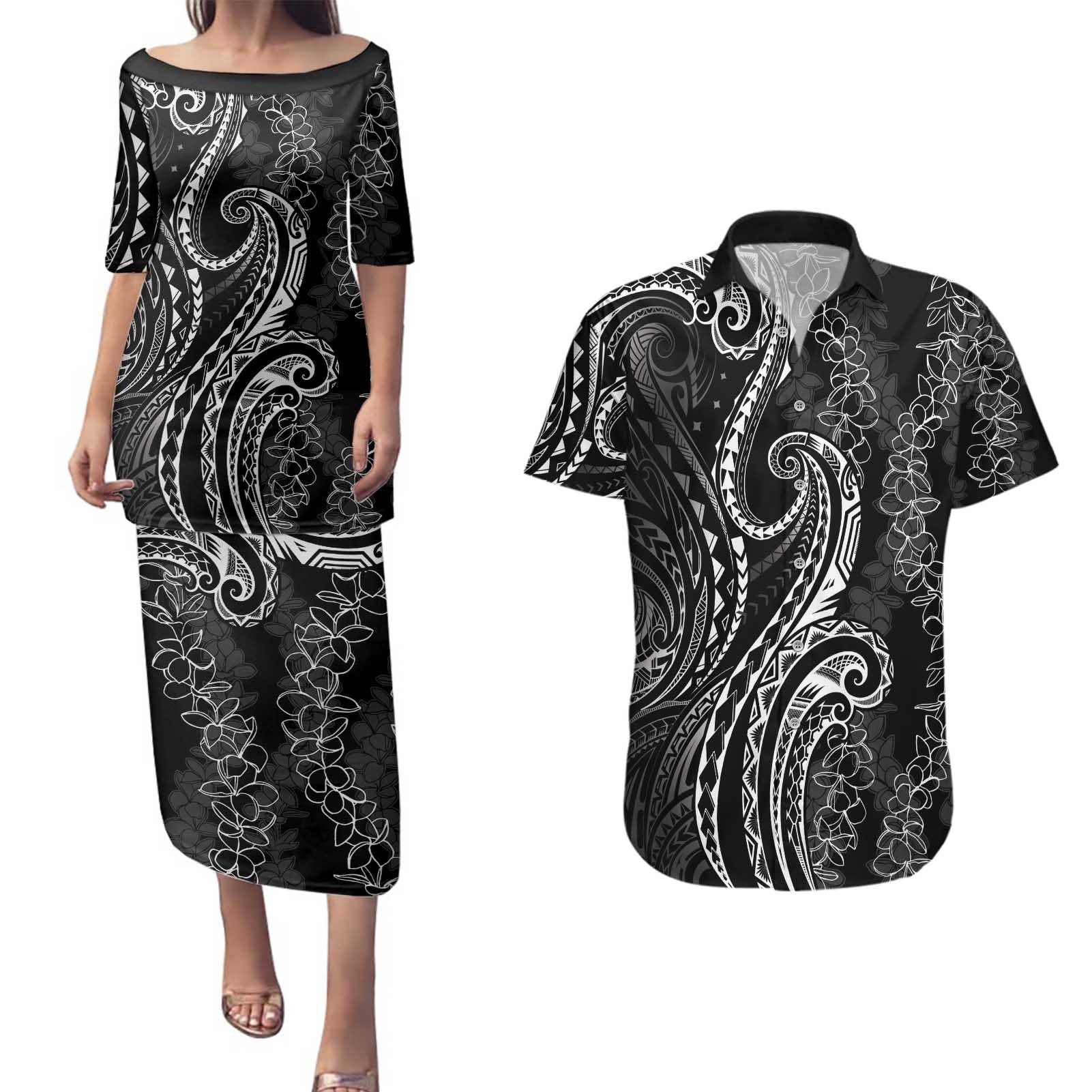 Polynesia Plumeria Lei Couples Matching Puletasi and Hawaiian Shirt Black Curves Motif