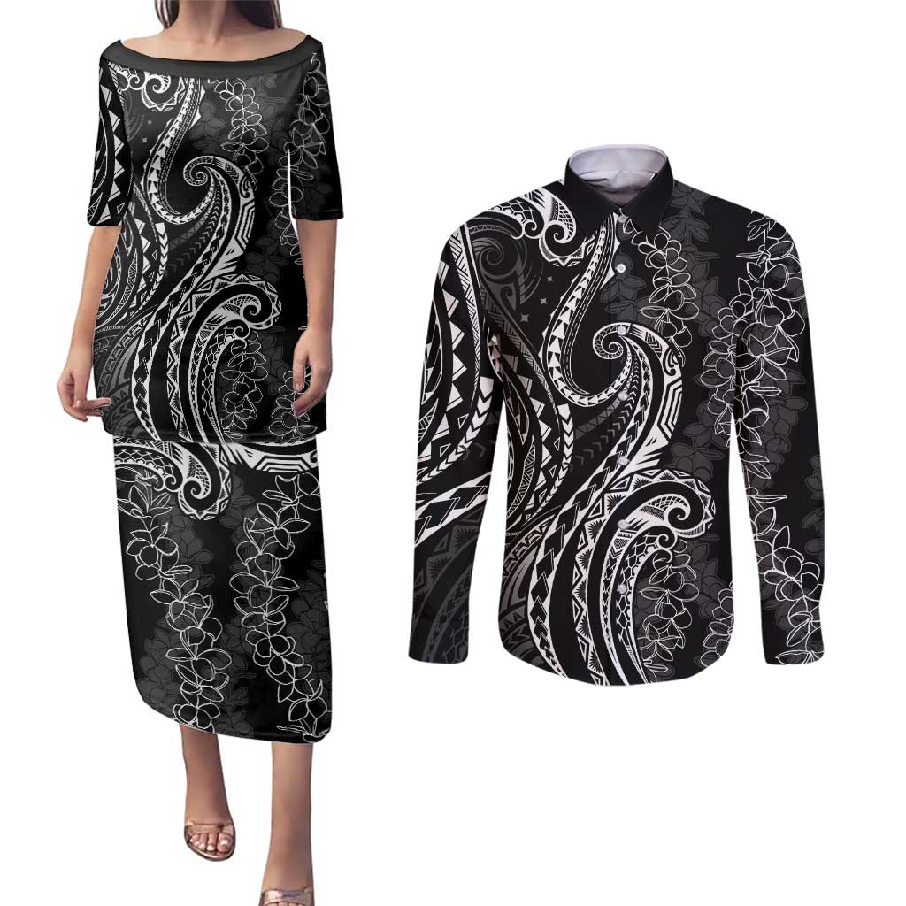 Polynesia Plumeria Lei Couples Matching Puletasi and Long Sleeve Button Shirt Black Curves Motif