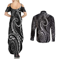 Polynesia Plumeria Lei Couples Matching Summer Maxi Dress and Long Sleeve Button Shirt Black Curves Motif LT7 - Polynesian Pride