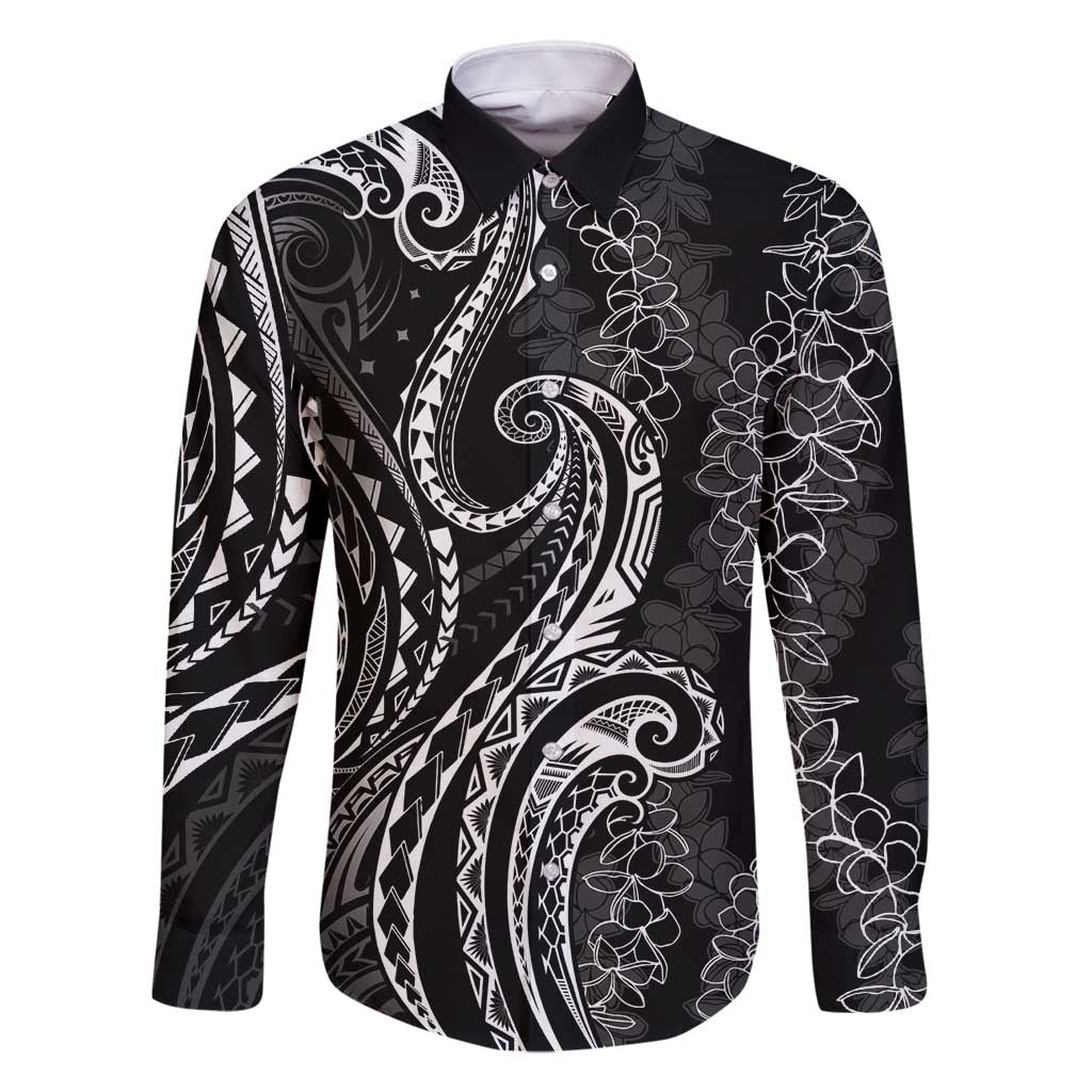 Polynesia Plumeria Lei Family Matching Mermaid Dress and Hawaiian Shirt Black Curves Motif LT7 Dad's Shirt - Long Sleeve Black - Polynesian Pride