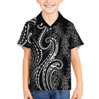 Polynesia Plumeria Lei Family Matching Off The Shoulder Long Sleeve Dress and Hawaiian Shirt Black Curves Motif