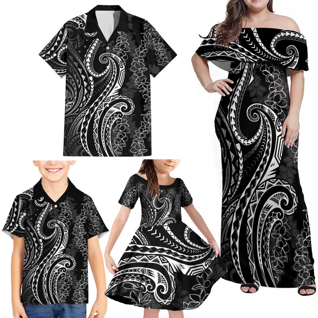 Polynesia Plumeria Lei Family Matching Off Shoulder Maxi Dress and Hawaiian Shirt Black Curves Motif