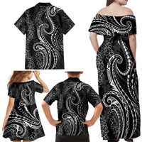 Polynesia Plumeria Lei Family Matching Off Shoulder Maxi Dress and Hawaiian Shirt Black Curves Motif
