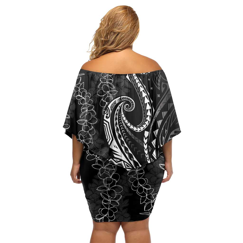 Polynesia Plumeria Lei Family Matching Off Shoulder Short Dress and Hawaiian Shirt Black Curves Motif