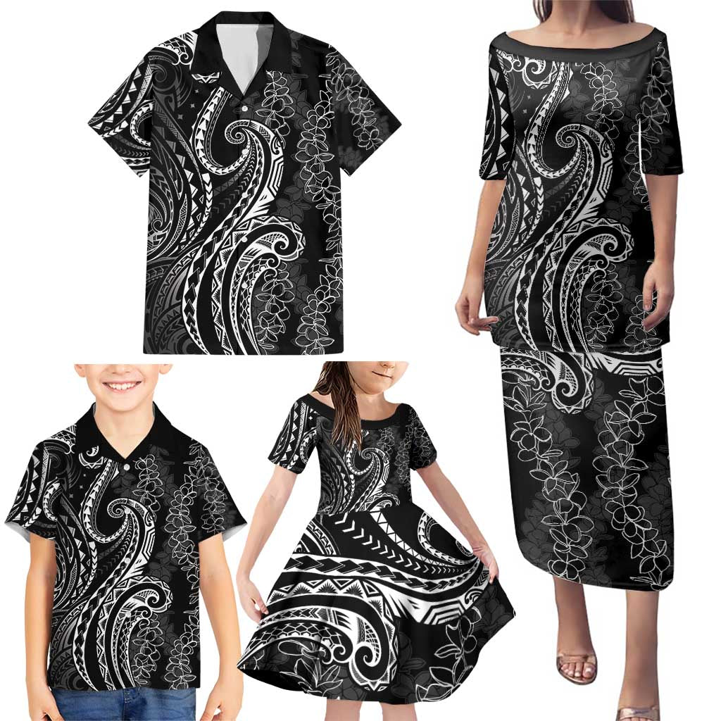 Polynesia Plumeria Lei Family Matching Puletasi and Hawaiian Shirt Black Curves Motif