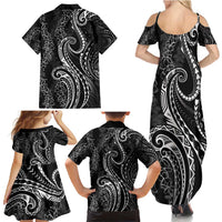 Polynesia Plumeria Lei Family Matching Summer Maxi Dress and Hawaiian Shirt Black Curves Motif