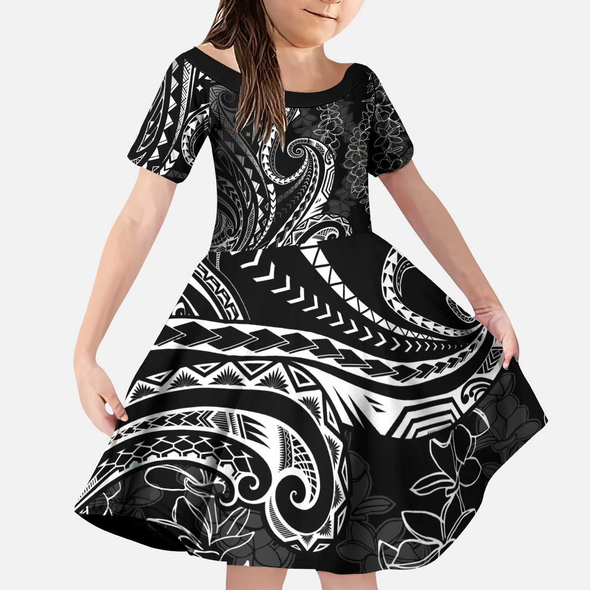 Polynesia Plumeria Lei Kid Short Sleeve Dress Black Curves Motif
