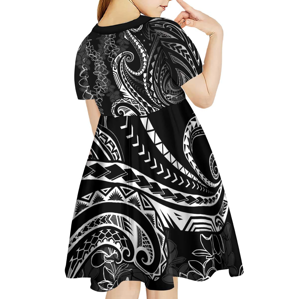 Polynesia Plumeria Lei Kid Short Sleeve Dress Black Curves Motif