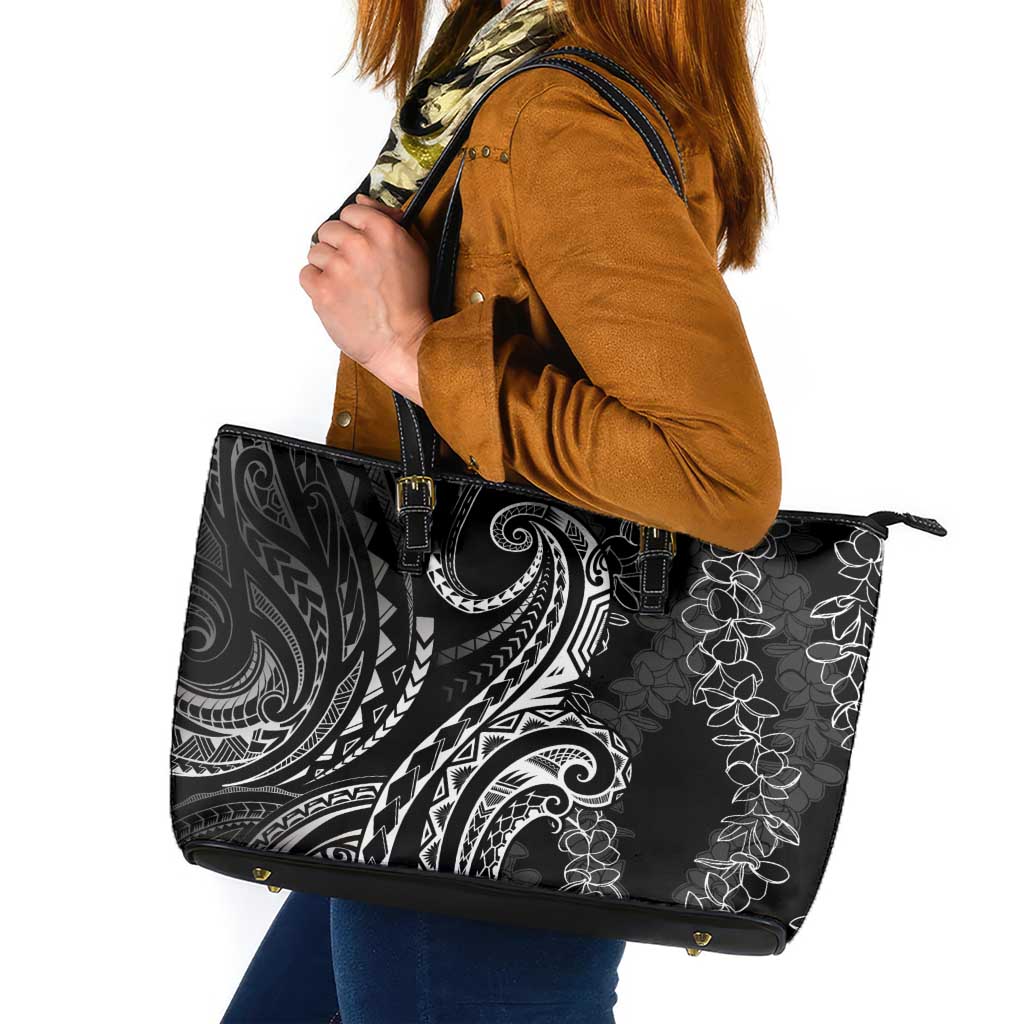 Polynesia Plumeria Lei Leather Tote Bag Black Curves Motif