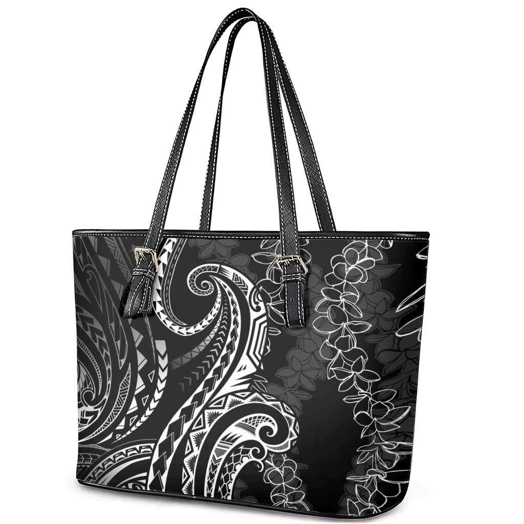 Polynesia Plumeria Lei Leather Tote Bag Black Curves Motif