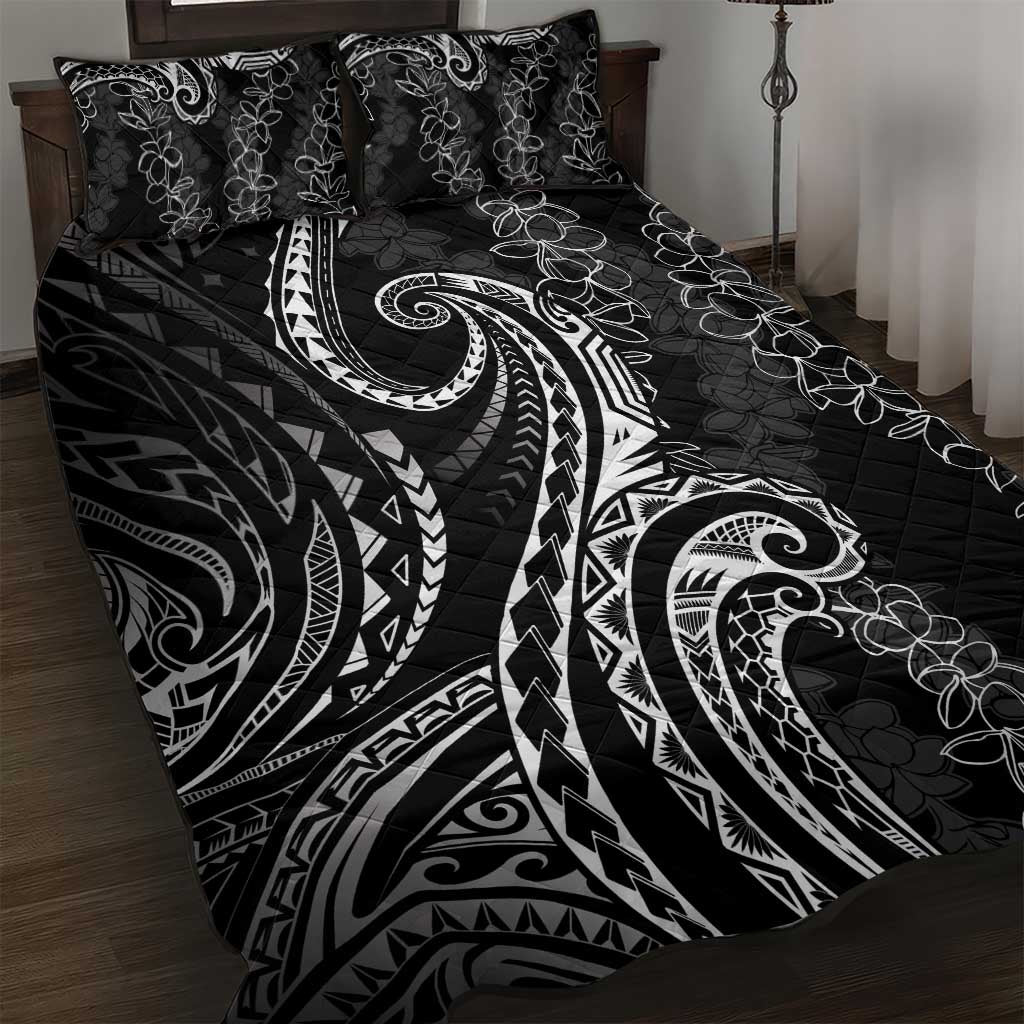 Polynesia Plumeria Lei Quilt Bed Set Black Curves Motif