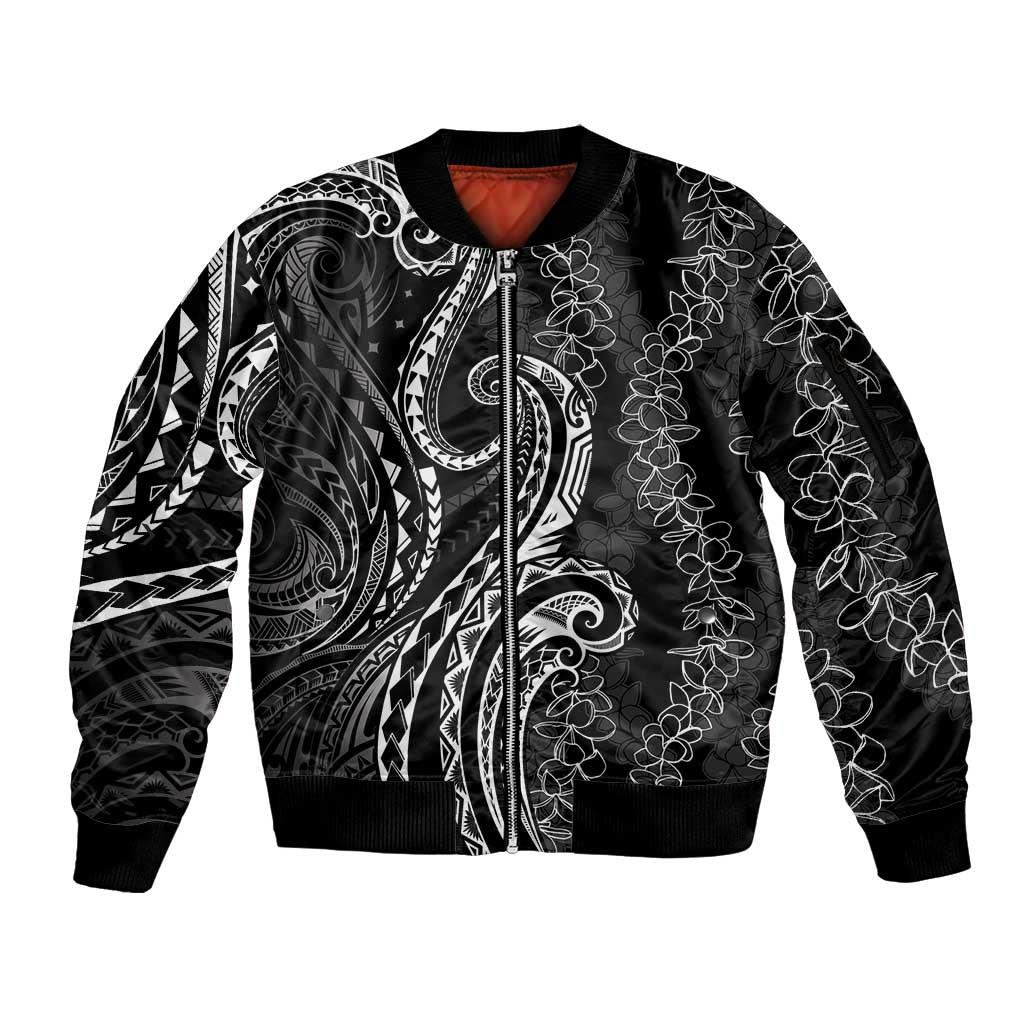 Polynesia Plumeria Lei Sleeve Zip Bomber Jacket Black Curves Motif LT7 Unisex Black - Polynesian Pride