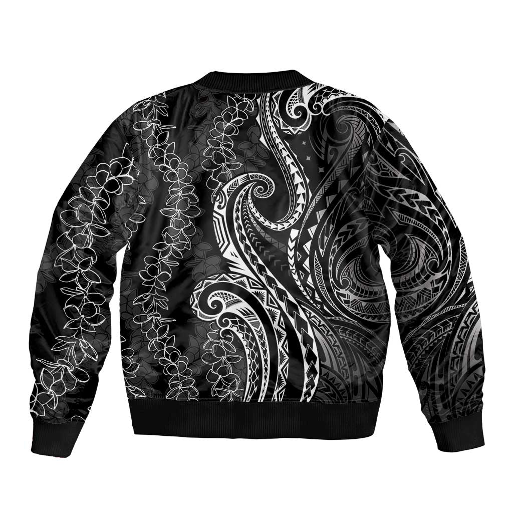 Polynesia Plumeria Lei Sleeve Zip Bomber Jacket Black Curves Motif LT7 - Polynesian Pride