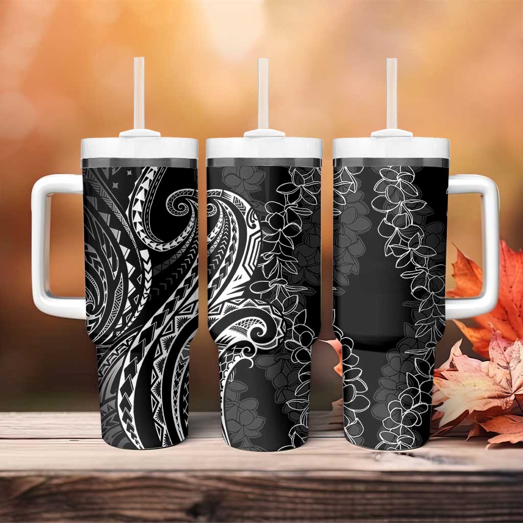 Polynesia Plumeria Lei Tumbler With Handle Black Curves Motif