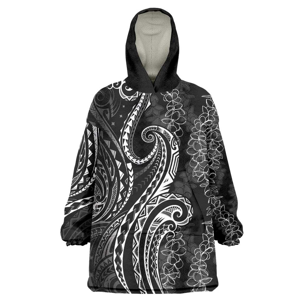 Polynesia Plumeria Lei Wearable Blanket Hoodie Black Curves Motif LT7 One Size Black - Polynesian Pride