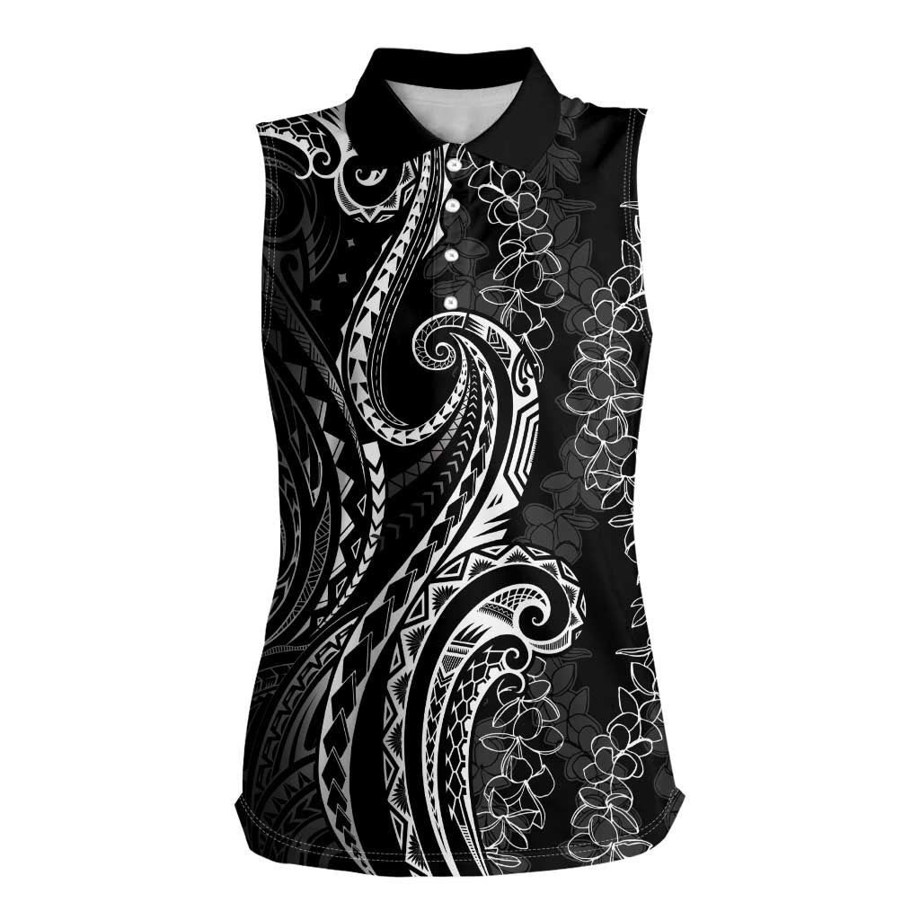 Polynesia Plumeria Lei Women Sleeveless Polo Shirt Black Curves Motif LT7 Female Black - Polynesian Pride