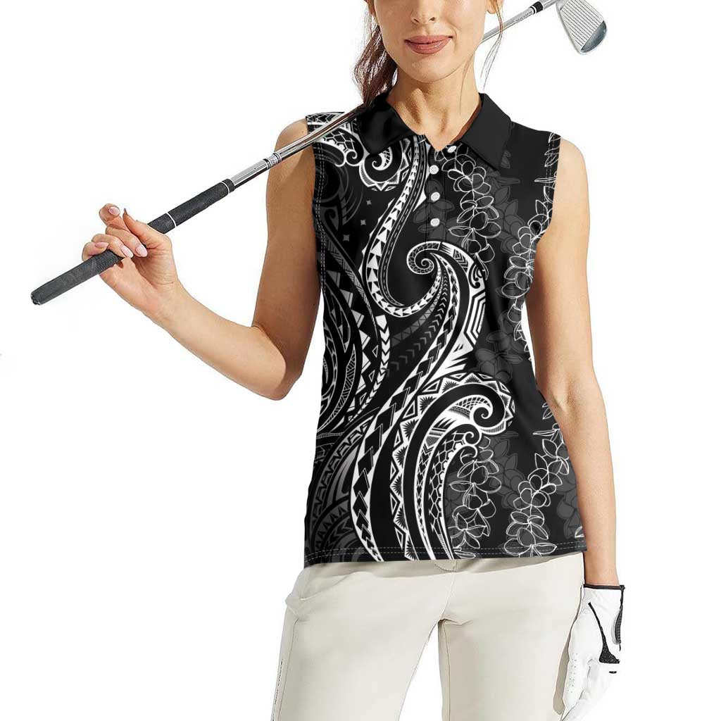 Polynesia Plumeria Lei Women Sleeveless Polo Shirt Black Curves Motif