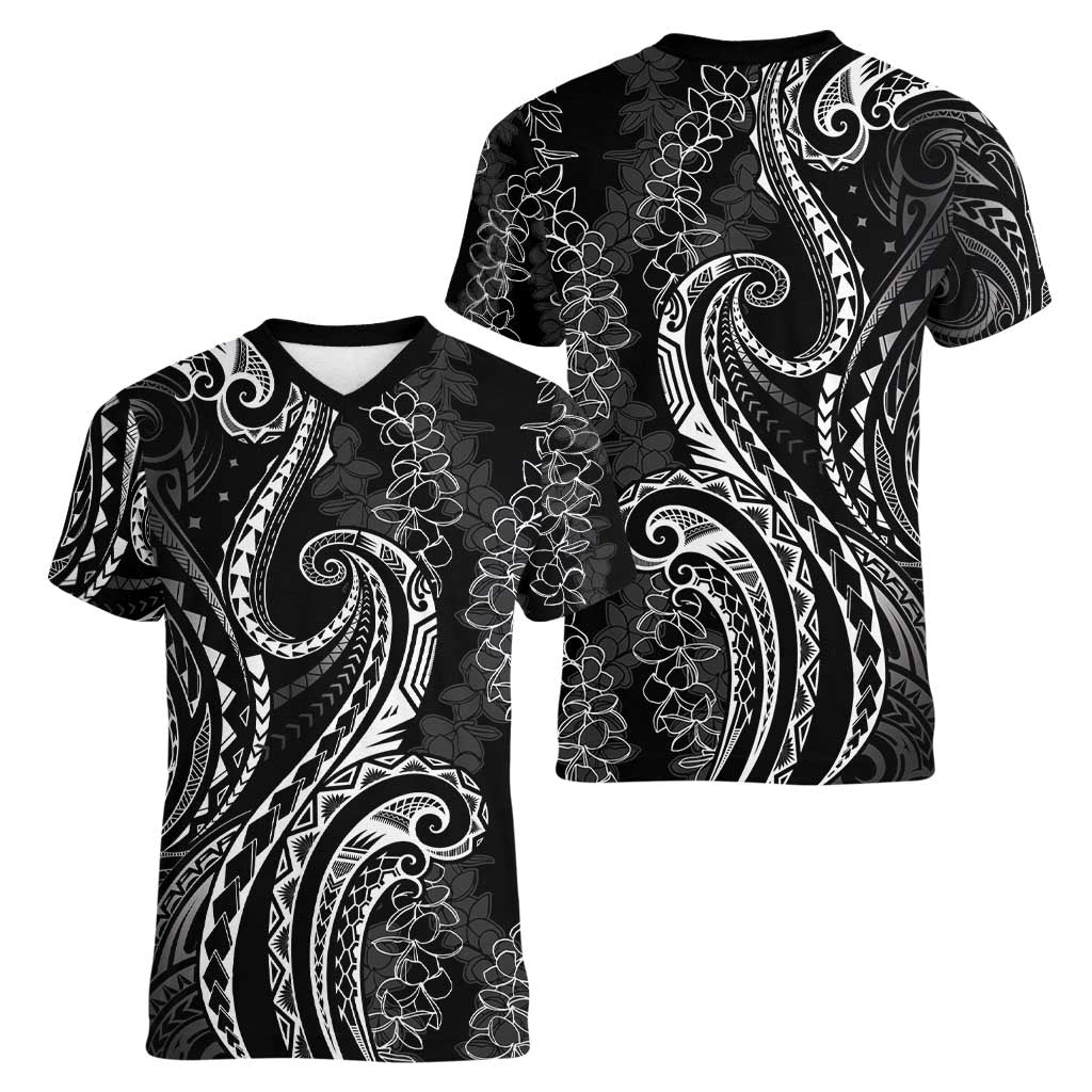 Polynesia Plumeria Lei Women V-Neck T-Shirt Black Curves Motif
