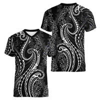 Polynesia Plumeria Lei Women V-Neck T-Shirt Black Curves Motif
