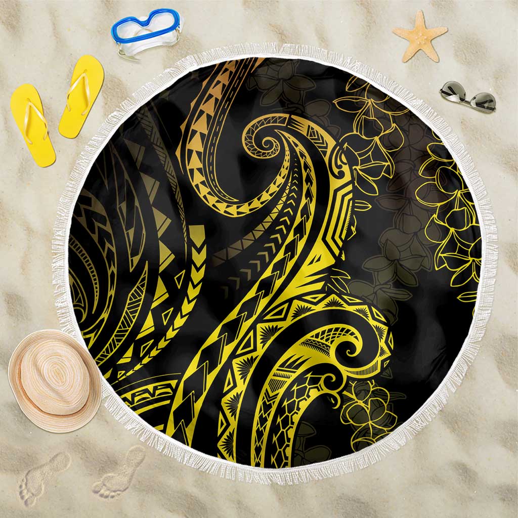 Polynesia Plumeria Lei Beach Blanket Black Gold Curves Motif