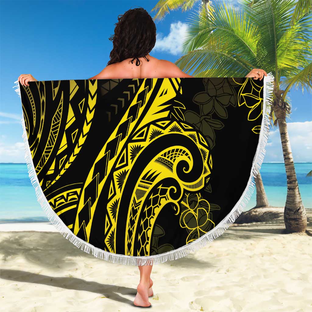 Polynesia Plumeria Lei Beach Blanket Black Gold Curves Motif