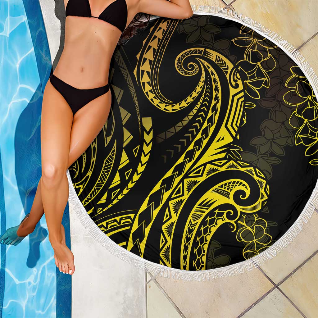 Polynesia Plumeria Lei Beach Blanket Black Gold Curves Motif