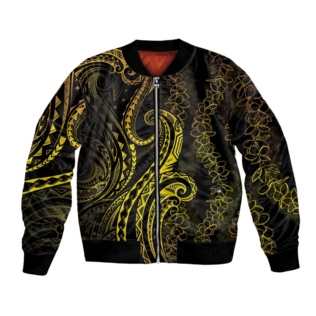 Polynesia Plumeria Lei Bomber Jacket Black Gold Curves Motif LT7 Unisex Gold - Polynesian Pride