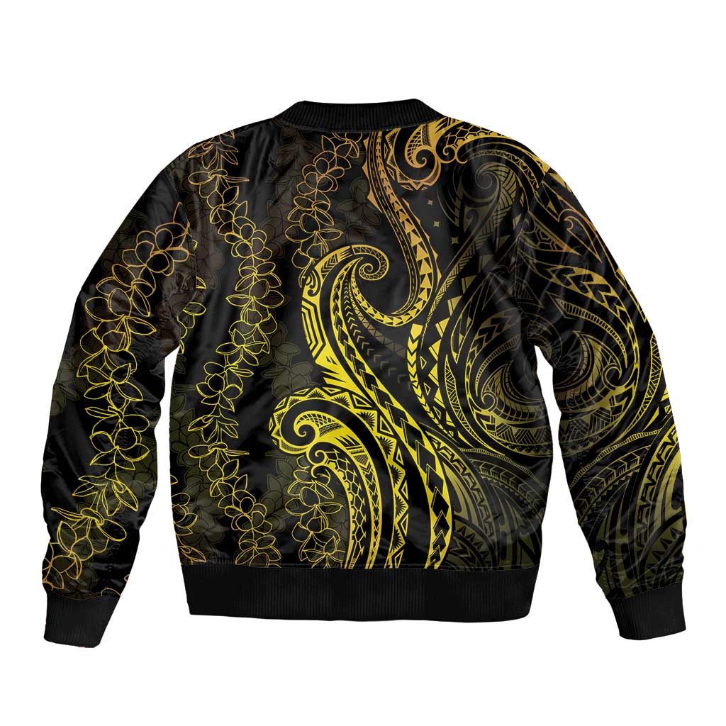 Polynesia Plumeria Lei Bomber Jacket Black Gold Curves Motif LT7 - Polynesian Pride
