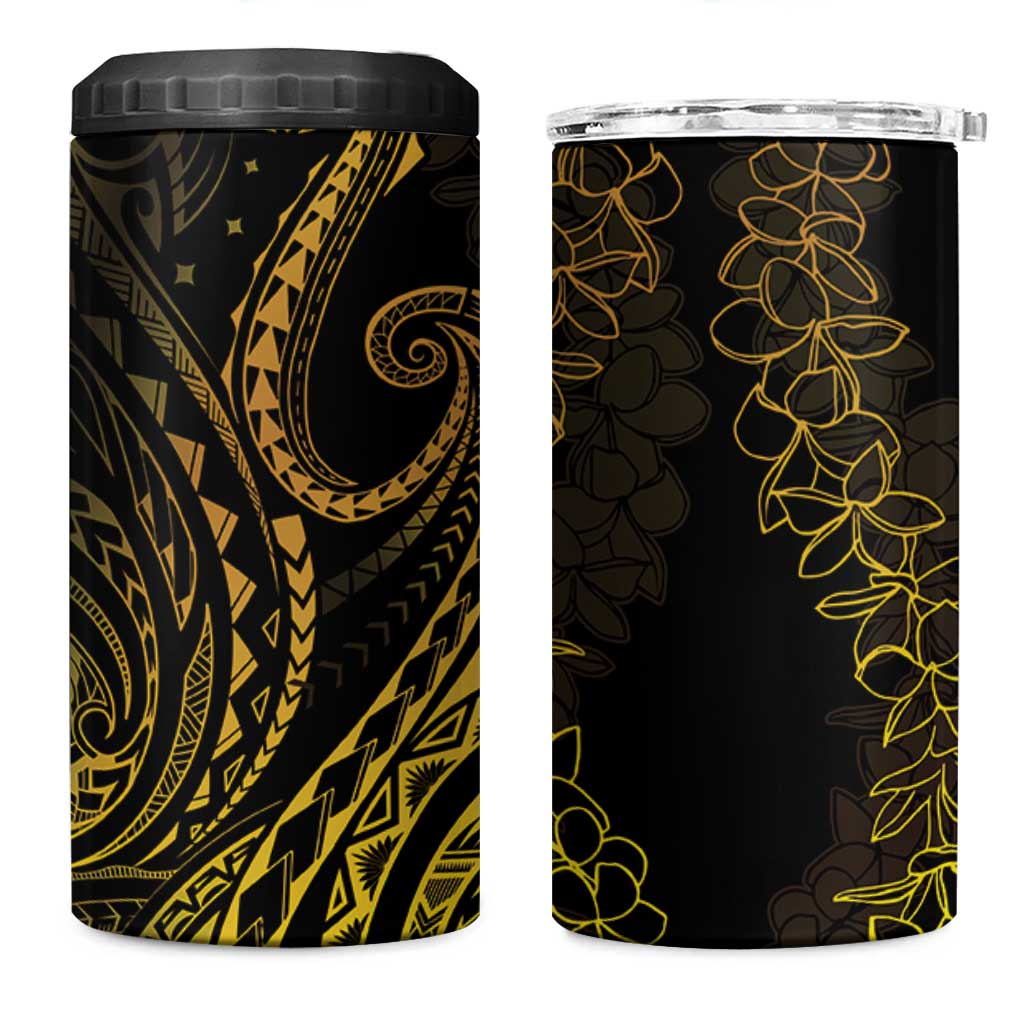 Polynesia Plumeria Lei 4 in 1 Can Cooler Tumbler Black Gold Curves Motif