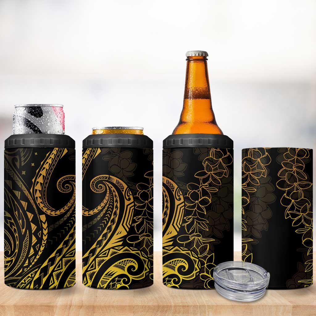 Polynesia Plumeria Lei 4 in 1 Can Cooler Tumbler Black Gold Curves Motif