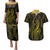 Polynesia Plumeria Lei Couples Matching Puletasi and Hawaiian Shirt Black Gold Curves Motif