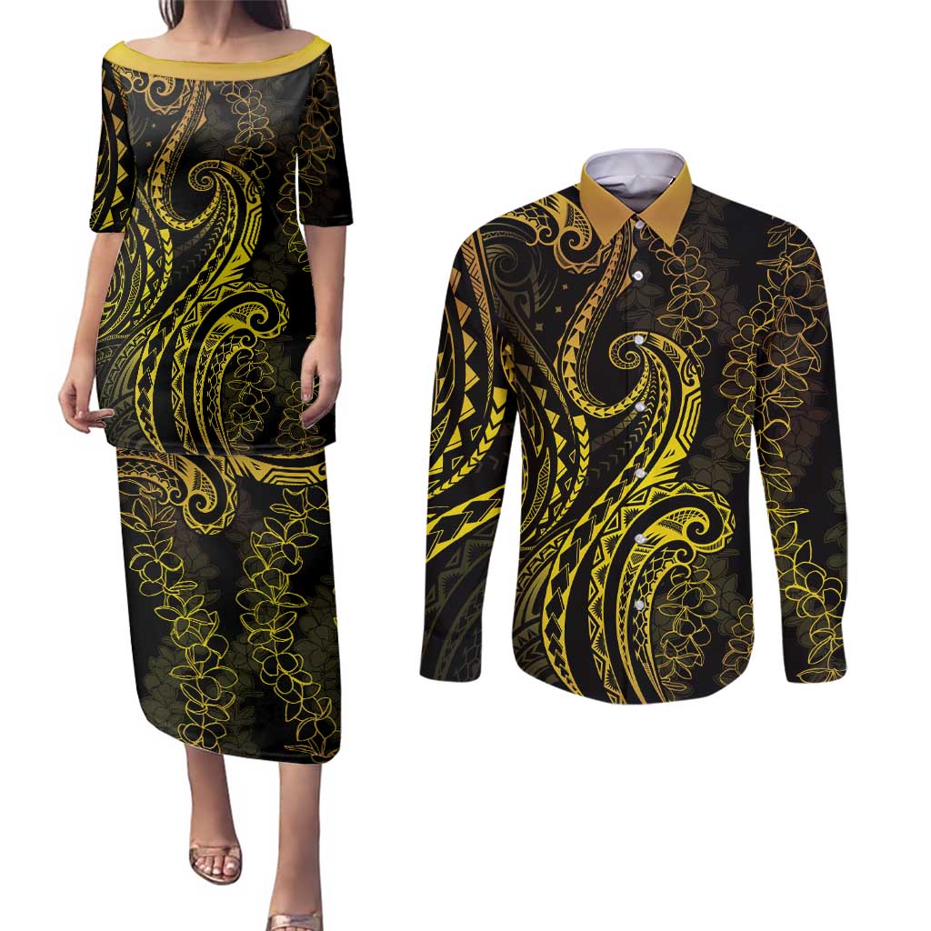 Polynesia Plumeria Lei Couples Matching Puletasi and Long Sleeve Button Shirt Black Gold Curves Motif