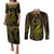 Polynesia Plumeria Lei Couples Matching Puletasi and Long Sleeve Button Shirt Black Gold Curves Motif